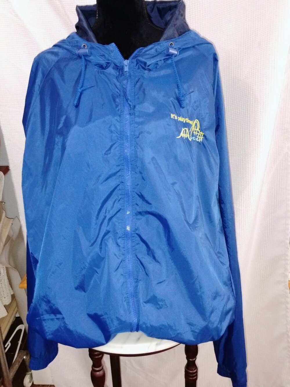 Vintage 90s Six Flags "It's Playtime" Roller Coaster Windbreaker Jacket Blue 3X